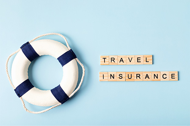 Travel insurance protection illustration showing a traveler with luggage and insurance coverage